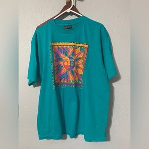 Laurel Burch Teal Whimsical vintage Sun Noon Face Print T Shirt XL Single Stitch